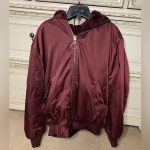 Garage burgundy faux fur bomber jacket with faux fur hood reversible (XS/S)